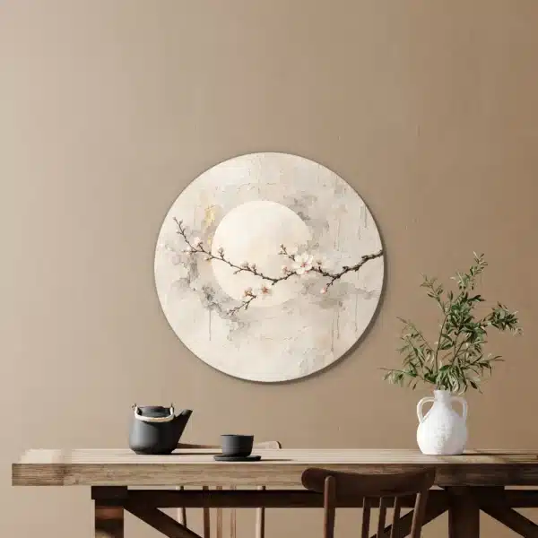 Japandi schilderij bloemen als muurcirkel in een eetkamer boven de eettafel