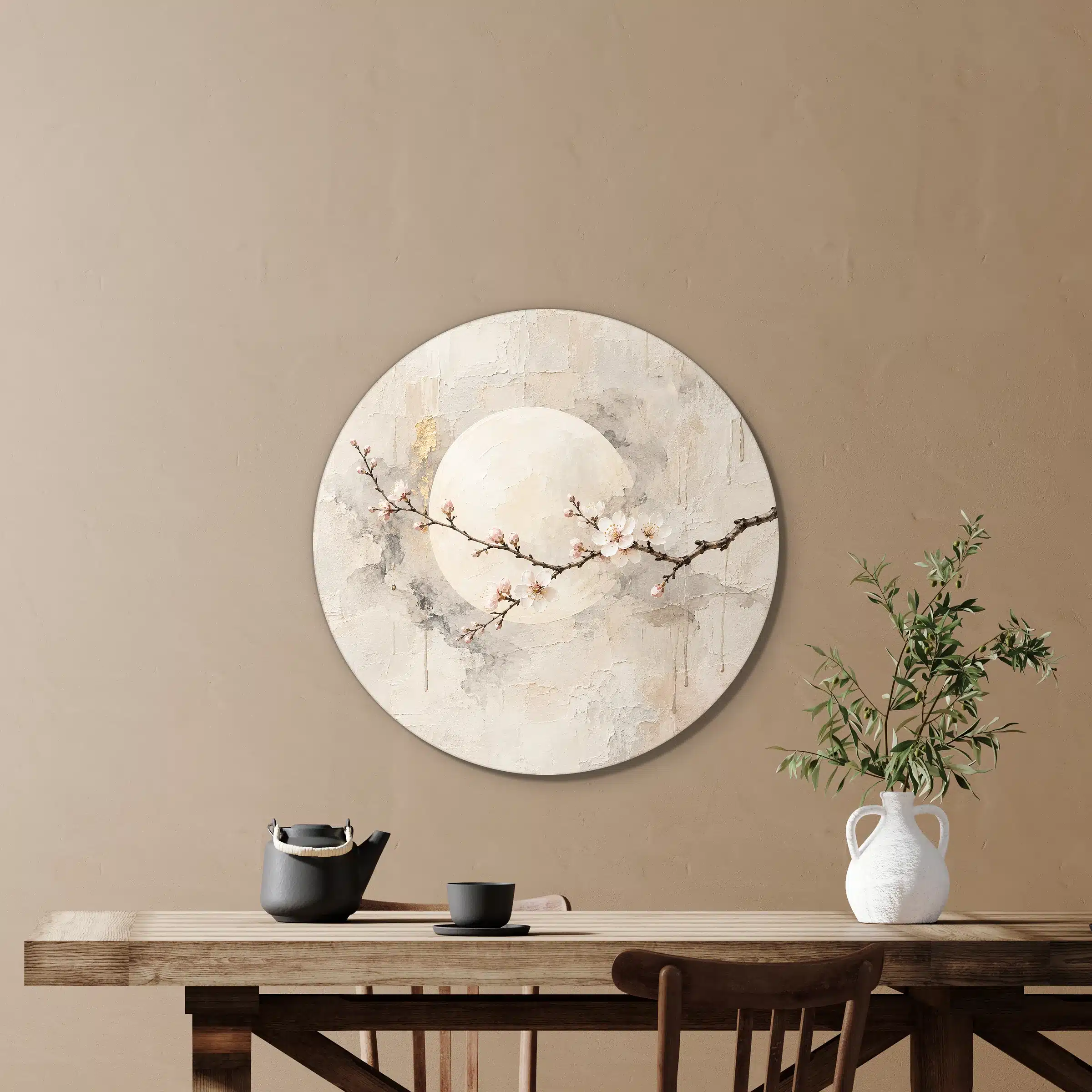 Japandi schilderij bloemen als muurcirkel in een eetkamer boven de eettafel