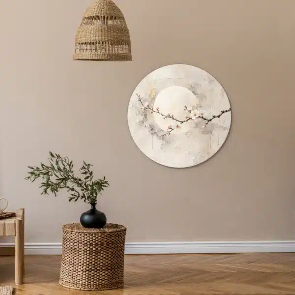 Japandi schilderij bloemen als muurcirkel aan een zandkleurige muur
