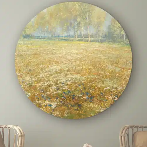 Bloemenweide schilderij als muurcirkel: weide vol witte en gele bloemen met een rij bomen, Egbert Schaap