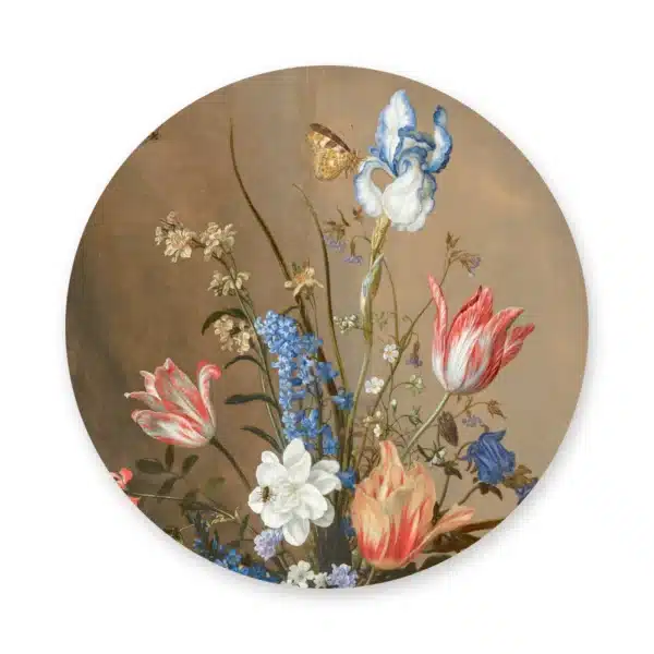 Schilderij bloemen in vaas als muurcirkel los op een witte achtergrond