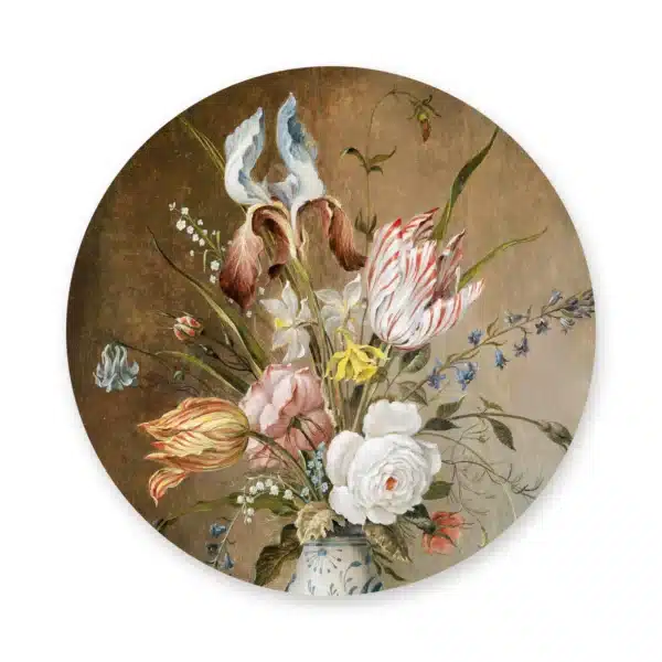 Rond schilderij bloemen als muurcirkel los op een witte achtergrond