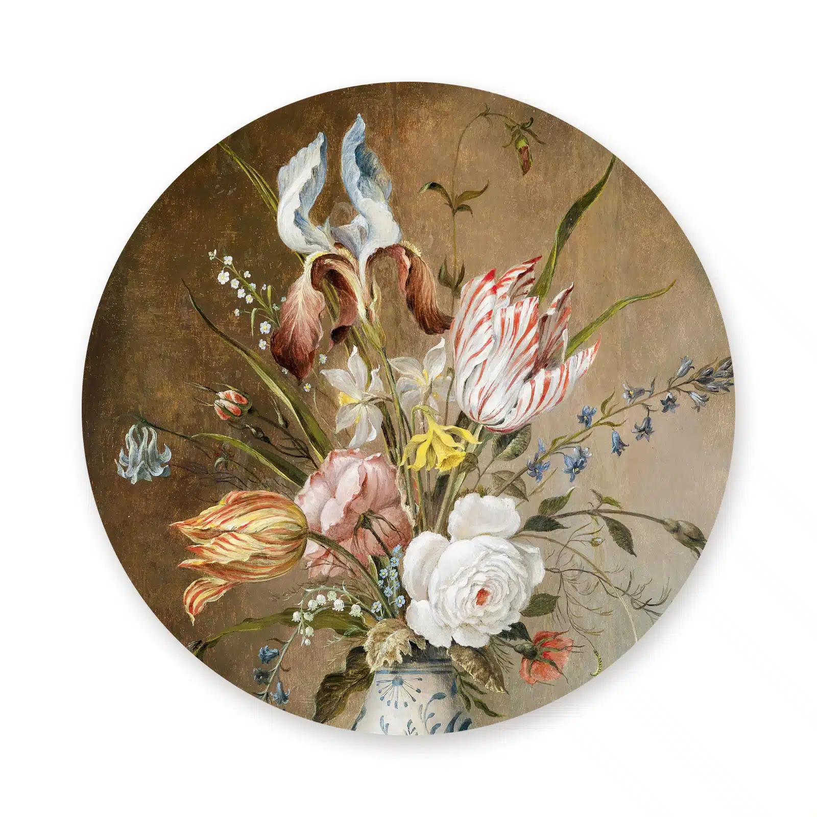 Rond schilderij bloemen als muurcirkel los op een witte achtergrond