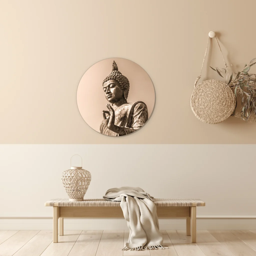 Muurcirkel boeddhabeeld aan een beige wand boven een houten bankje met een plaid