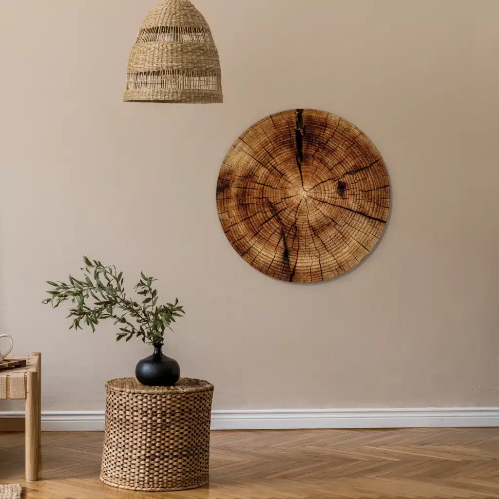Muurcirkel Boomstam aan de muur naast een daybed en een rieten hanglamp