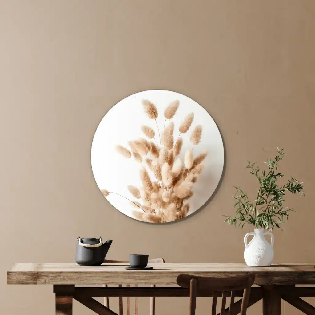 Muurcirkel bunny tail gras aan een zandbeige wand boven een houten tafel met een plant in een witte kruik