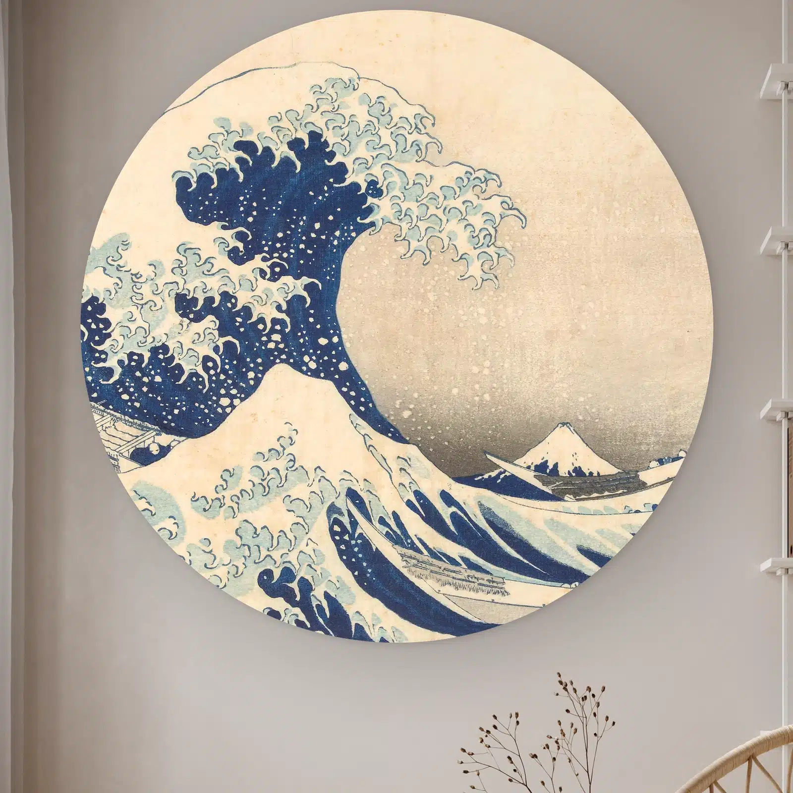 Muurcirkel de grote golf: de grote golf van Hokusai met schuimkoppen en de berg Fuji in de verte