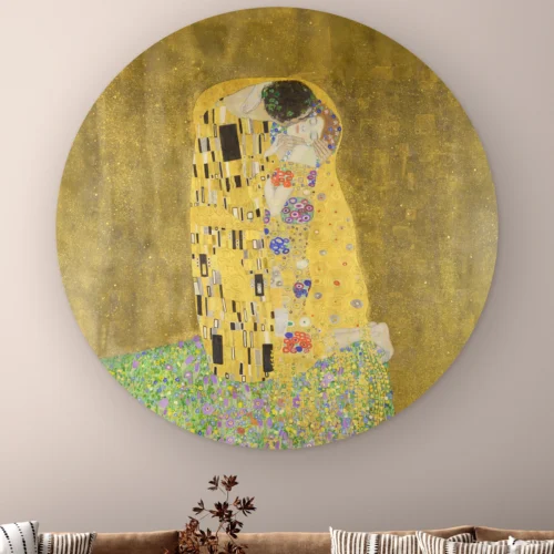 Klimt schilderij als muurcirkel: het kussende paar in gouden gewaden op een bloemenweide, De kus van Gustav Klimt