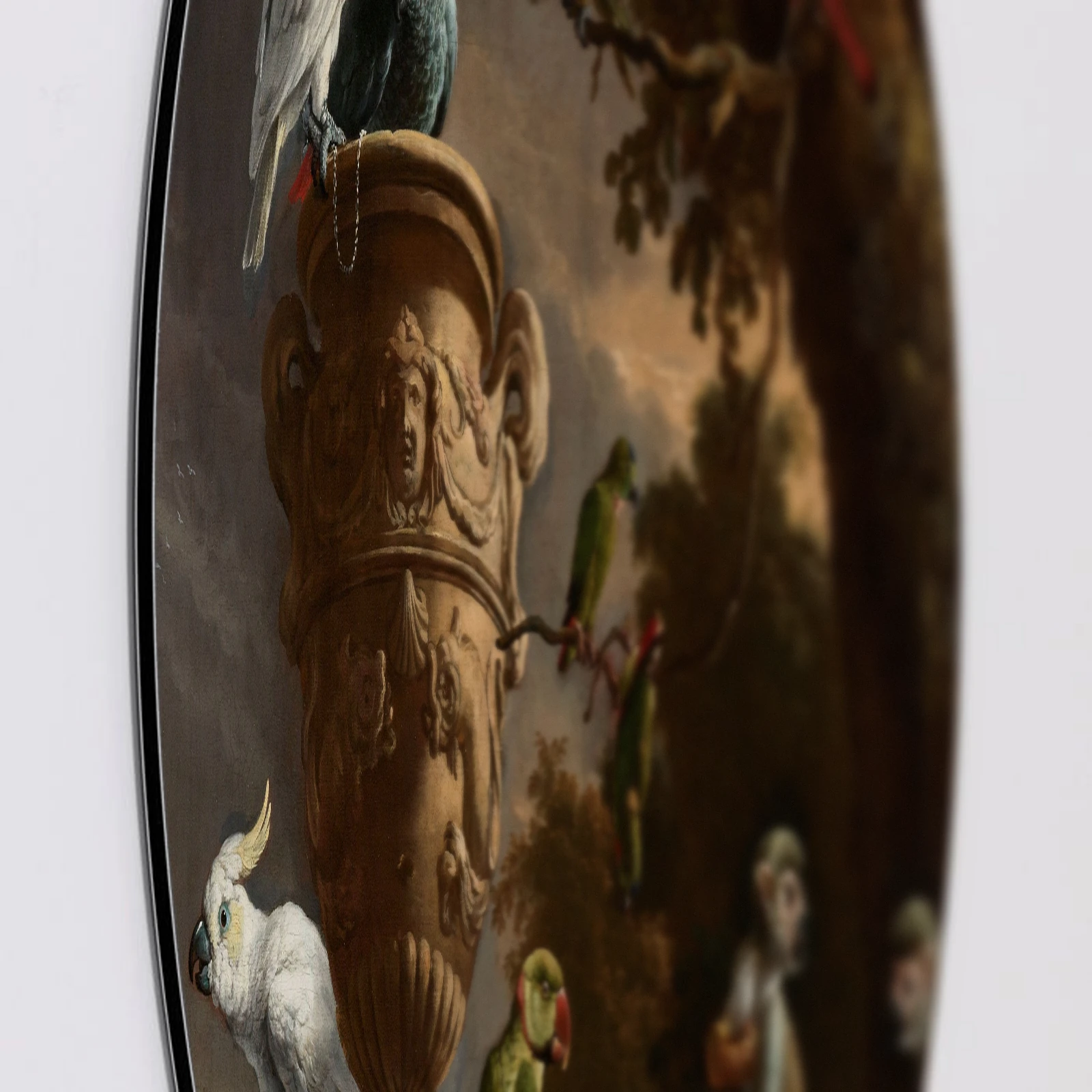 Muurcirkel De Menagerie van Melchior d' Hondecoeter, Aluminium Dibond van dichtbij