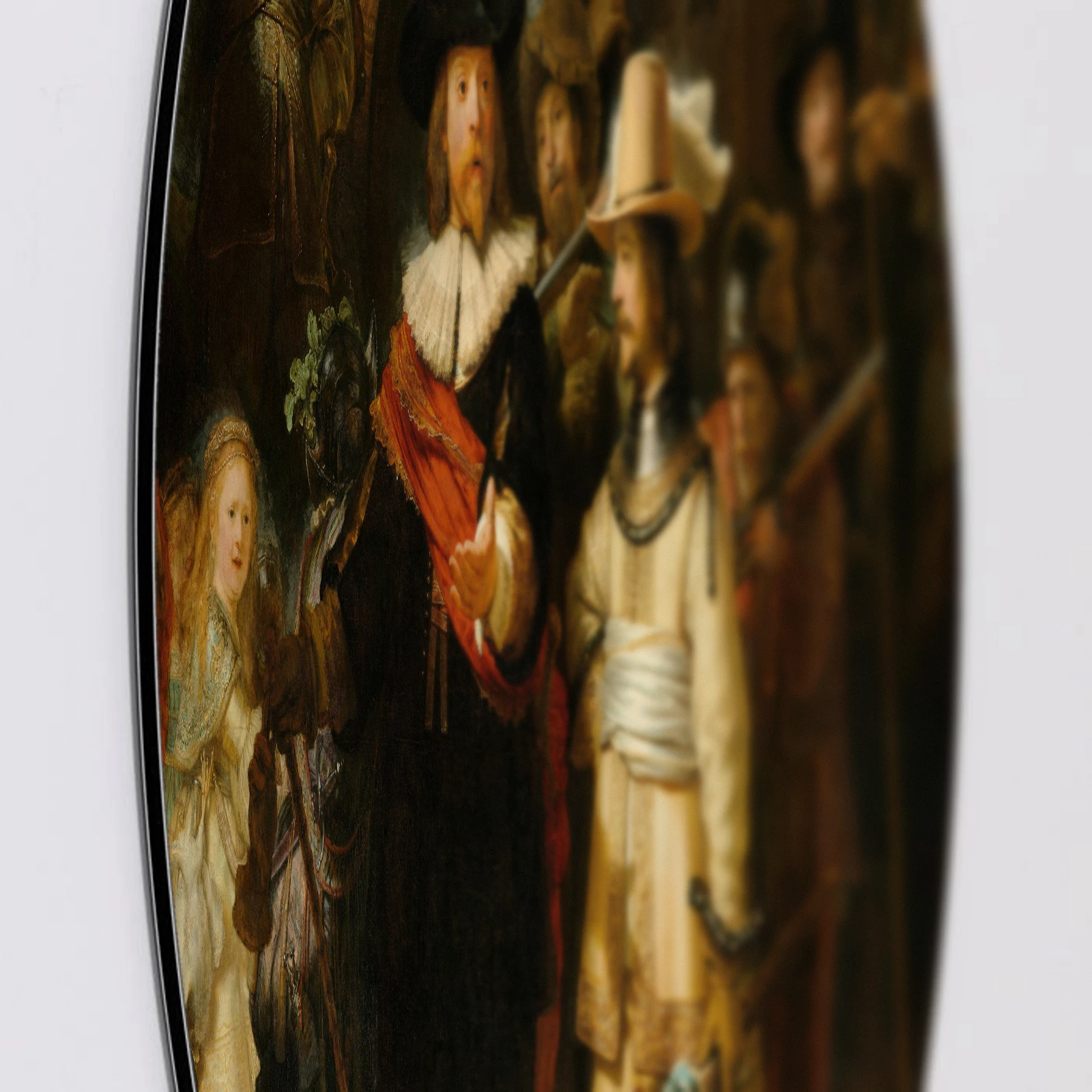 Muurcirkel De Nachtwacht van Rembrandt van Rijn, Aluminium Dibond van dichtbij