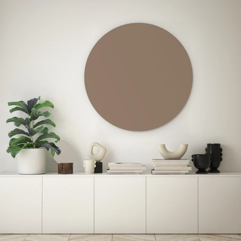 Donker taupe muurcirkel boven een lage witte kast met een vioolbladplant