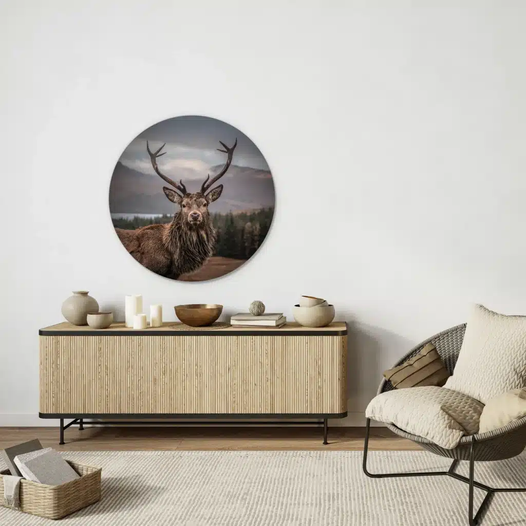 Muurcirkel edelhert met wijd gewei boven een licht houten lamellen dressoir naast een rotan fauteuil