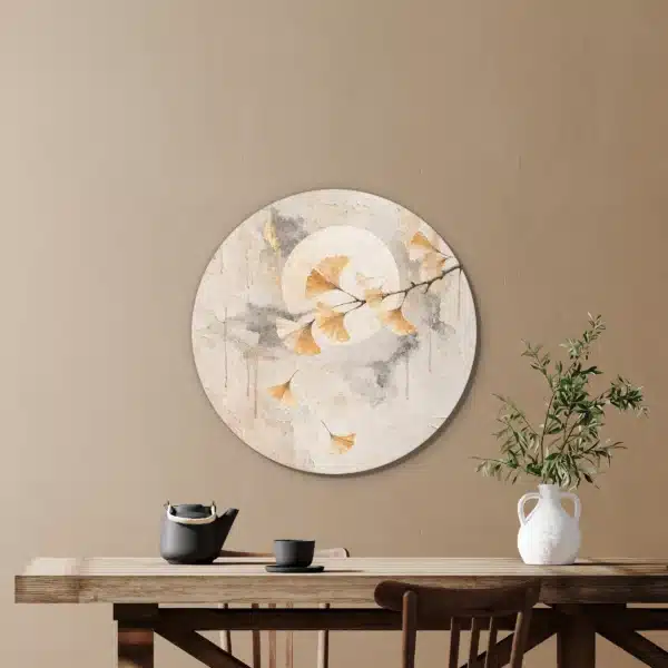 Ginkgo schilderij als muurcirkel in een eetkamer boven de eettafel