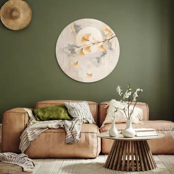 Ginkgo schilderij als muurcirkel aan een olijfgroene muur boven een cognackleurige bank