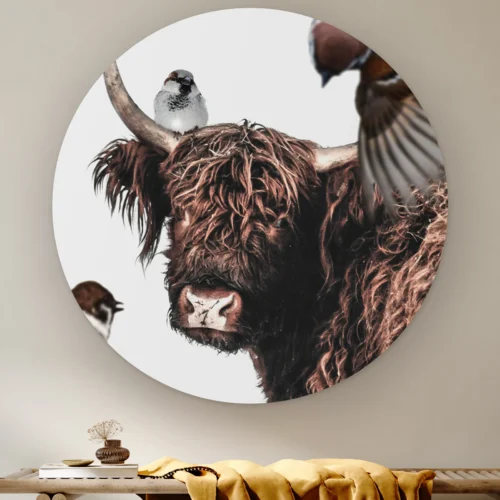 Muurcirkel Hooglander artistiek aan de muur boven een houten bank met een okergele plaid