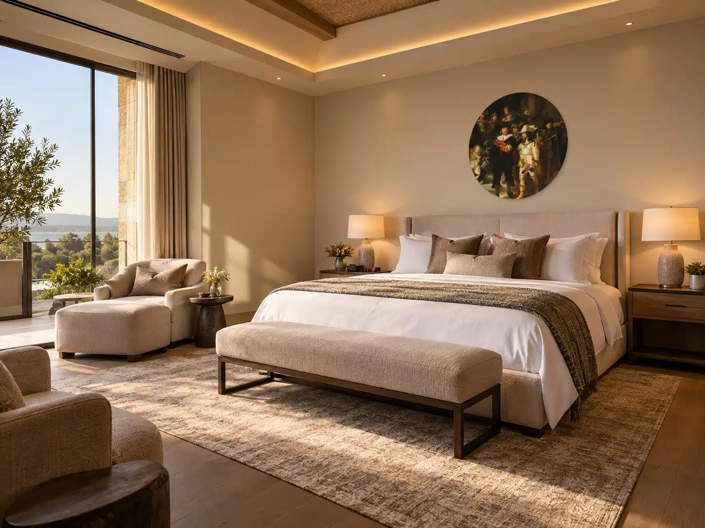 Muurcirkel met De Nachtwacht van Rembrandt boven een hotelbed