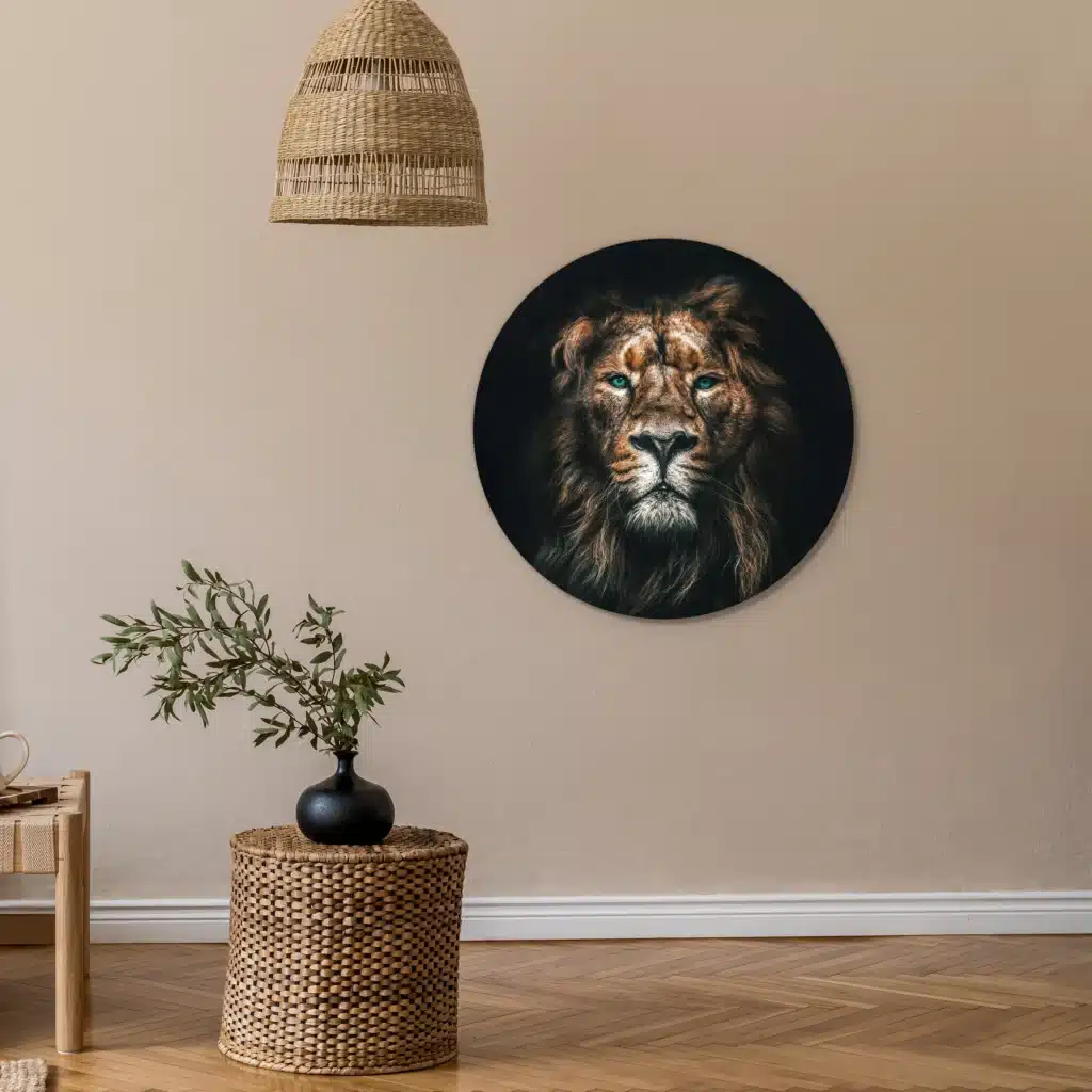 Muurcirkel leeuw portret aan een zandkleurige wand onder een rieten hanglamp, met een plant op een rieten krukje