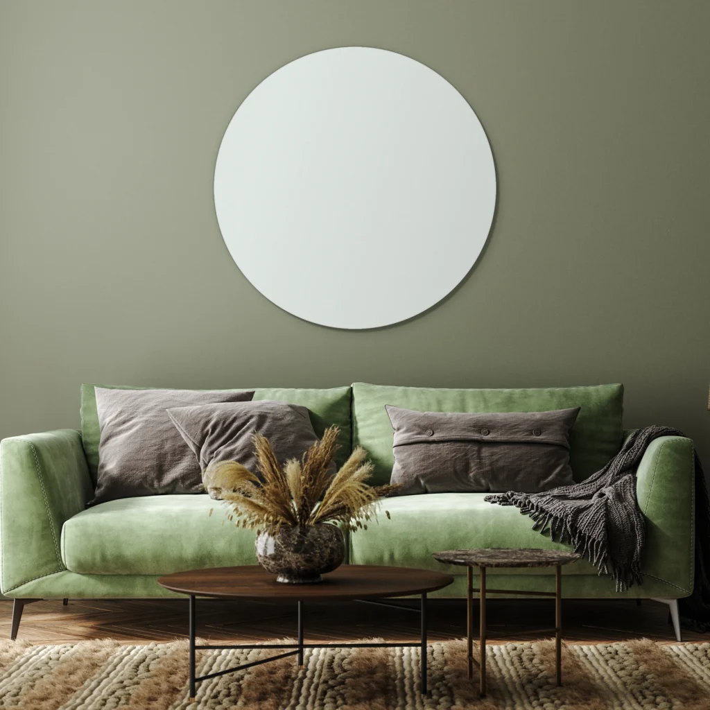 Muurcirkel licht blauw aan een olijfgroene wand boven een groene bank
