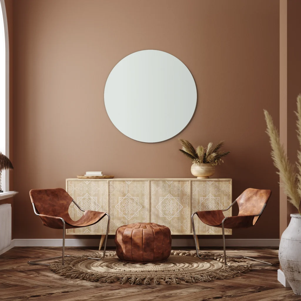 Muurcirkel licht blauw aan een terracotta wand boven een licht houten dressoir tussen twee cognac stoelen