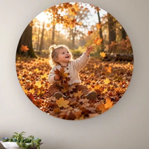 Muurcirkel met eigen foto aan de muur boven een houten dressoir met planten