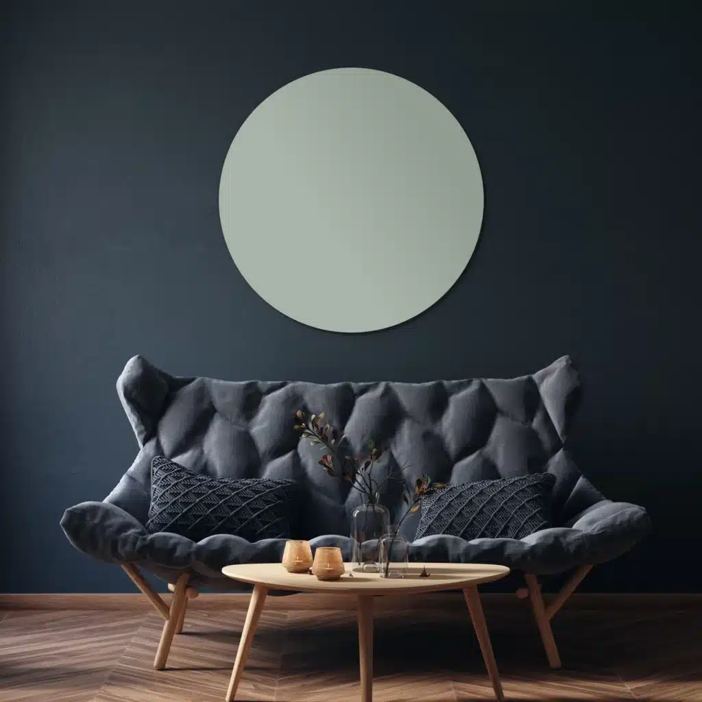 Muurcirkel mistig blauw boven een grijze gecapitonneerde bank tegen een donkerblauwe muur