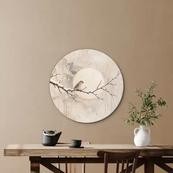 Schilderij vogel op tak als muurcirkel in een eetkamer boven de eettafel