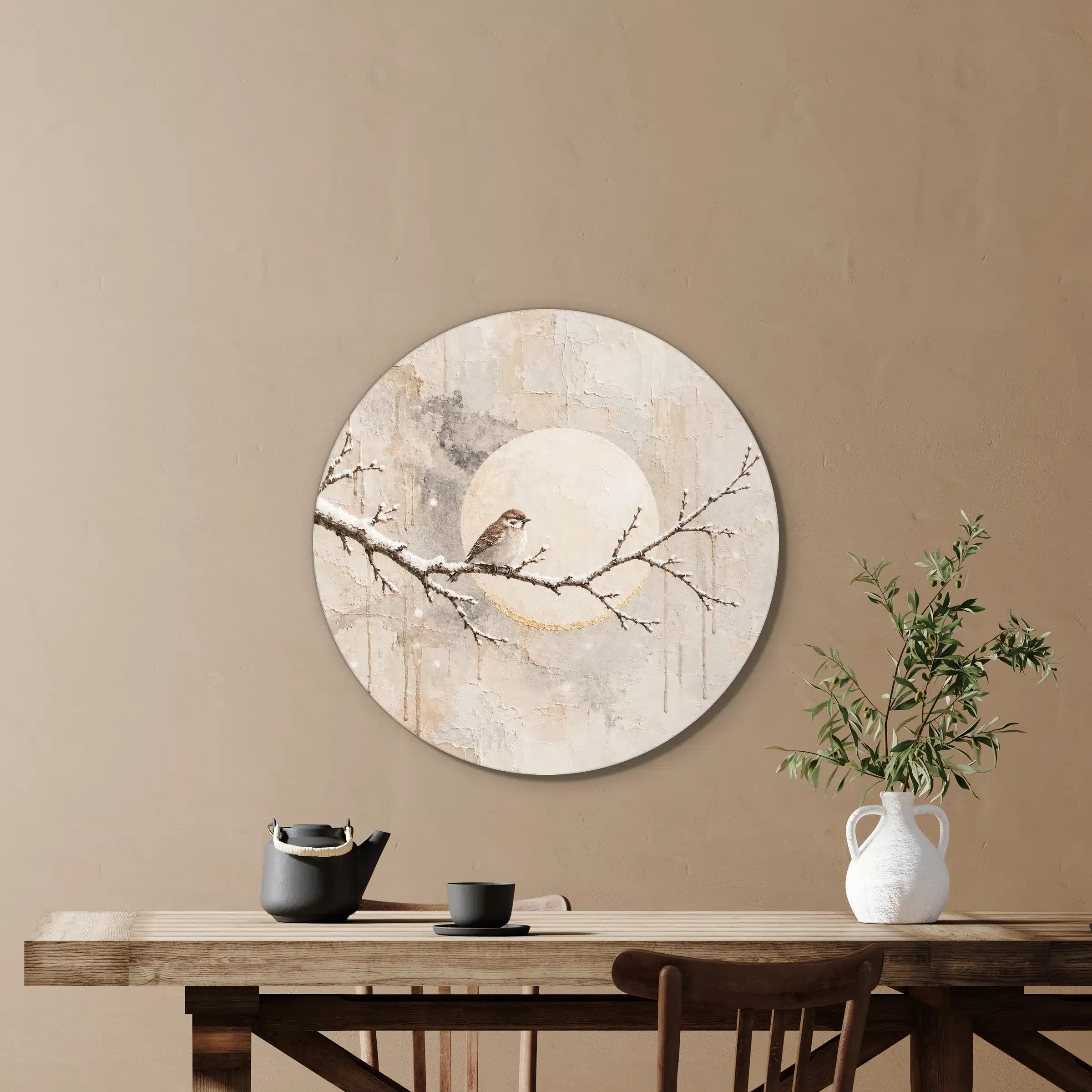 Schilderij vogel op tak als muurcirkel in een eetkamer boven de eettafel