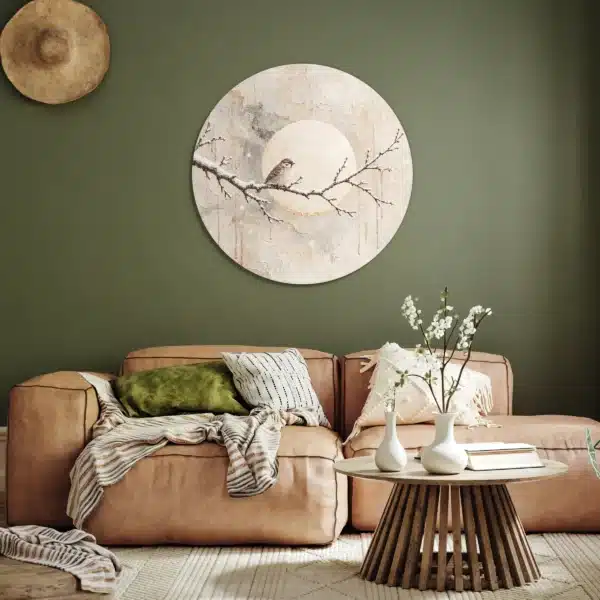 Schilderij vogel op tak als muurcirkel aan een olijfgroene muur boven een cognackleurige bank