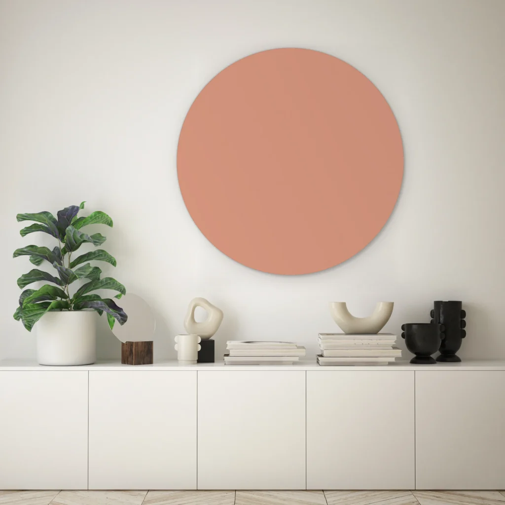 Muurcirkel nude pink boven een lage witte kast met een vioolbladplant tegen een lichte muur