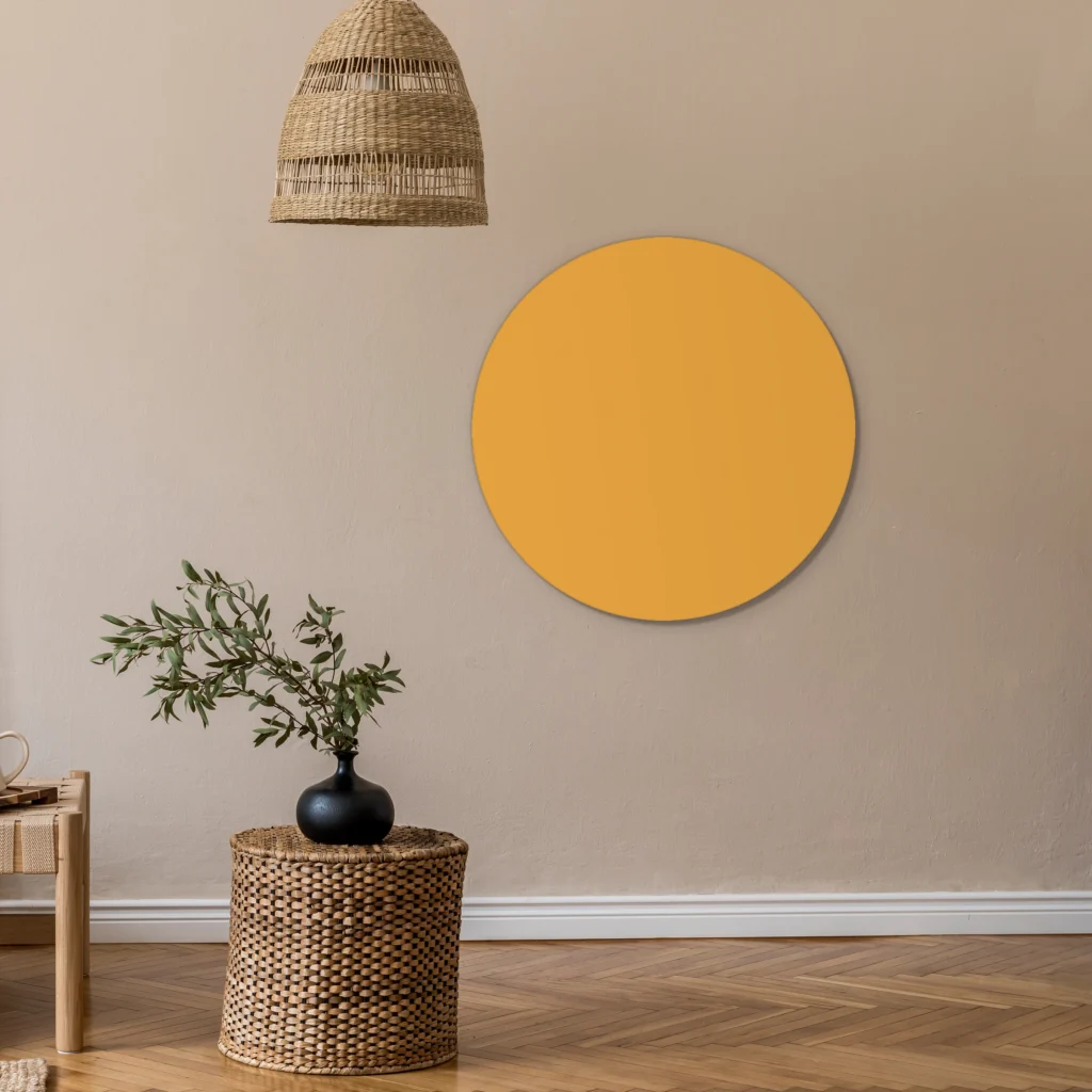 Muurcirkel okergeel aan een beige wand onder een rieten hanglamp, met een olijftak op een rieten krukje