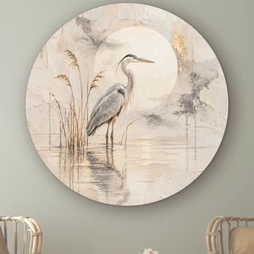 Reiger schilderij als muurcirkel: blauwe reiger in het riet in stil water voor een bleke volle maan, japandi