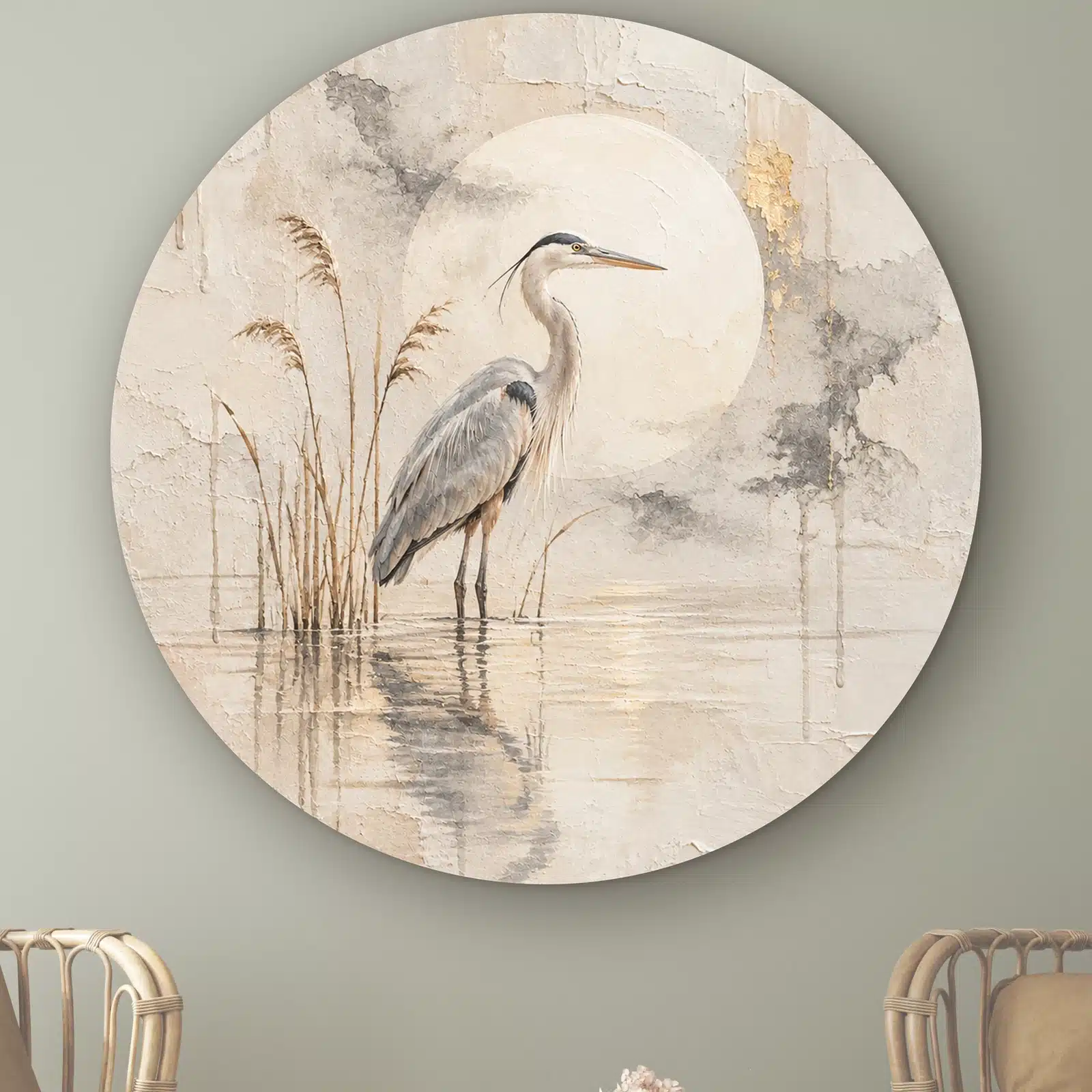 Reiger schilderij als muurcirkel: blauwe reiger in het riet in stil water voor een bleke volle maan, japandi