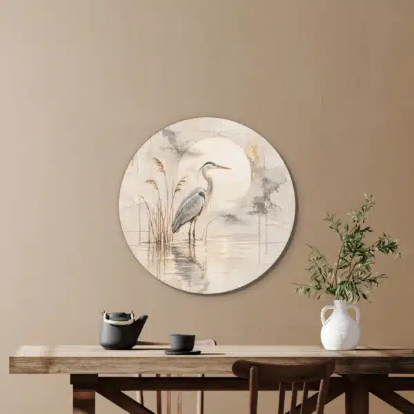 Reiger schilderij als muurcirkel in een eetkamer boven de eettafel