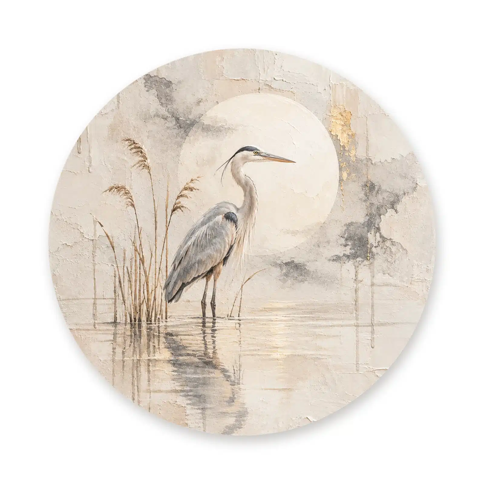 Reiger schilderij als muurcirkel los op een witte achtergrond