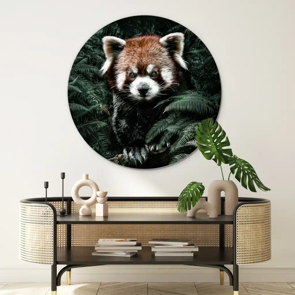 Muurcirkel rode panda boven een rotan console met een monsterablad tegen een lichte muur