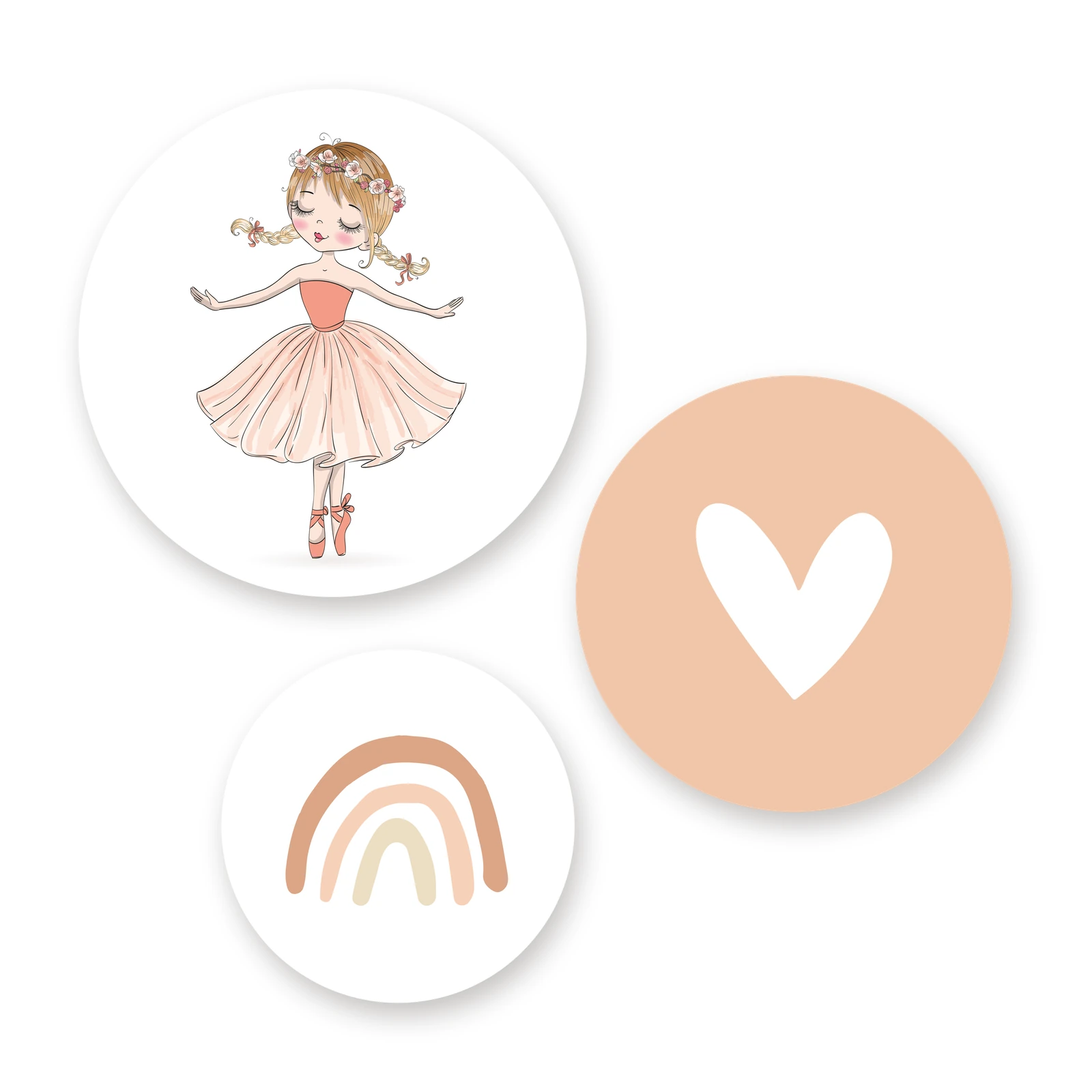 Muurcirkel set ballerina: ballerina in zalmroze tutu, roze hartje en regenboog, los op wit