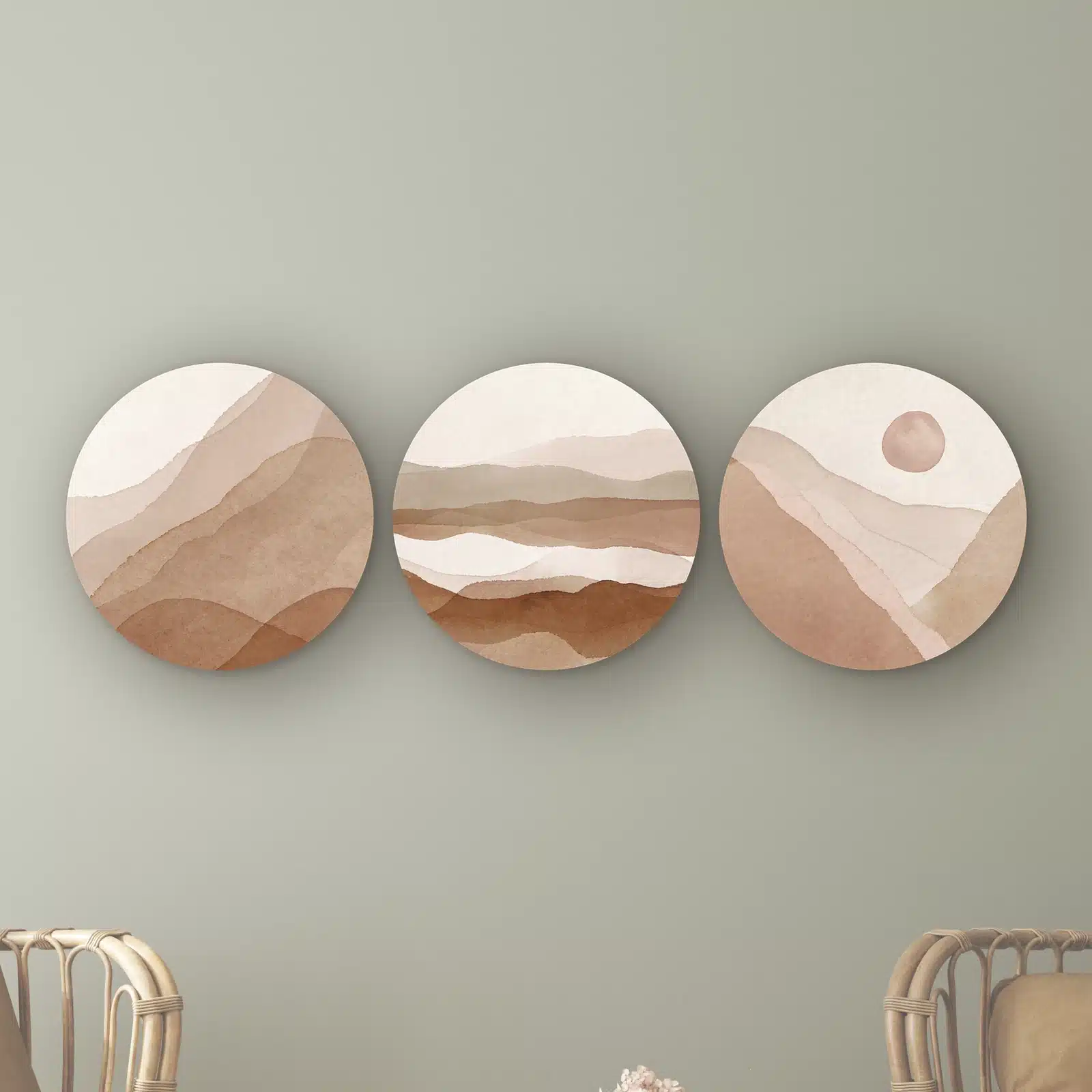 Abstracte muurcirkel set: bergen, duinen en een bergvallei in aquarel, in terracotta en zand