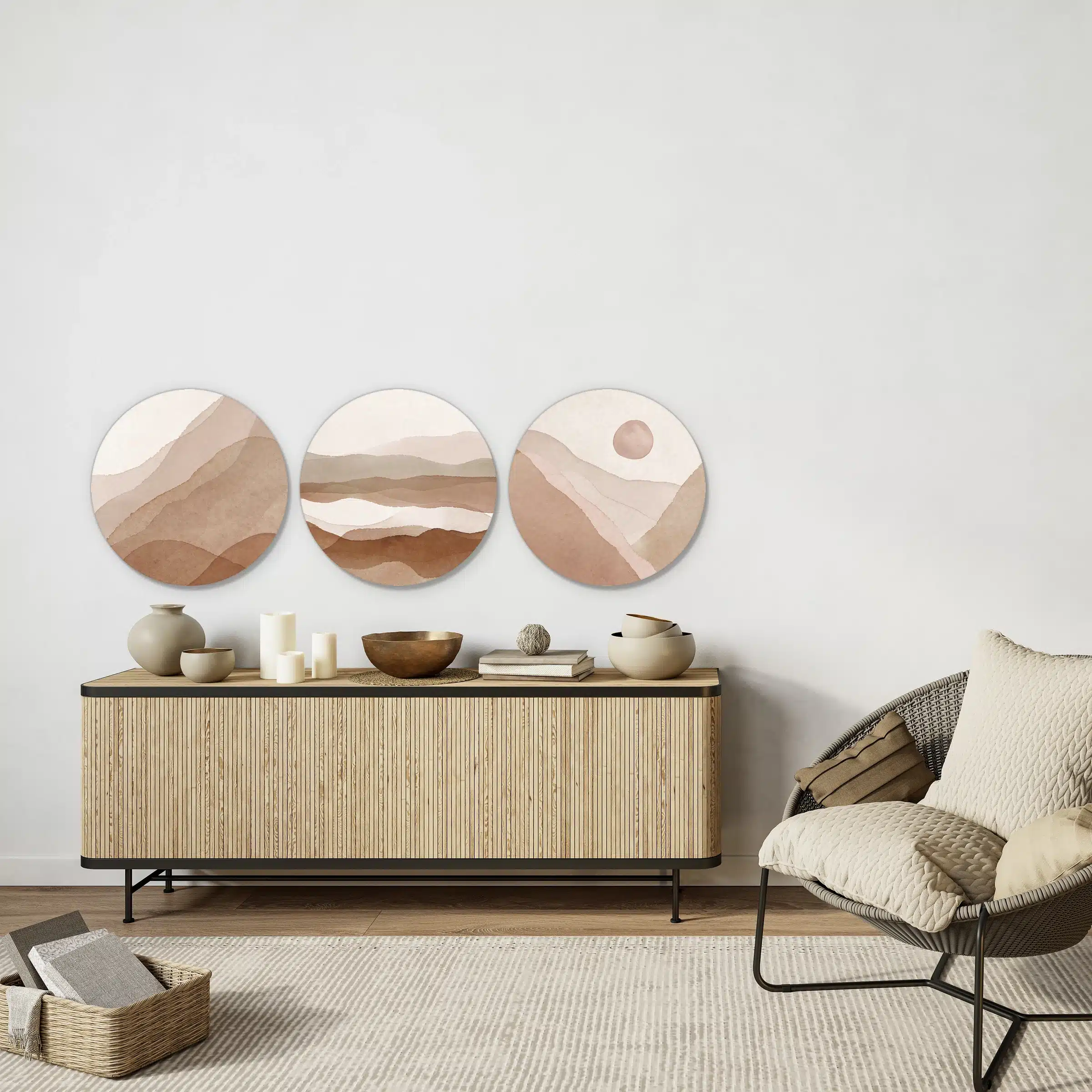 Abstracte muurcirkel set boven een licht houten dressoir