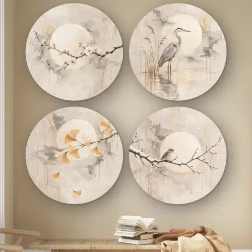 Japandi schilderij set van vier muurcirkels: vier muurcirkels met dezelfde volle maan: pruimentak, reiger, ginkgo en mus