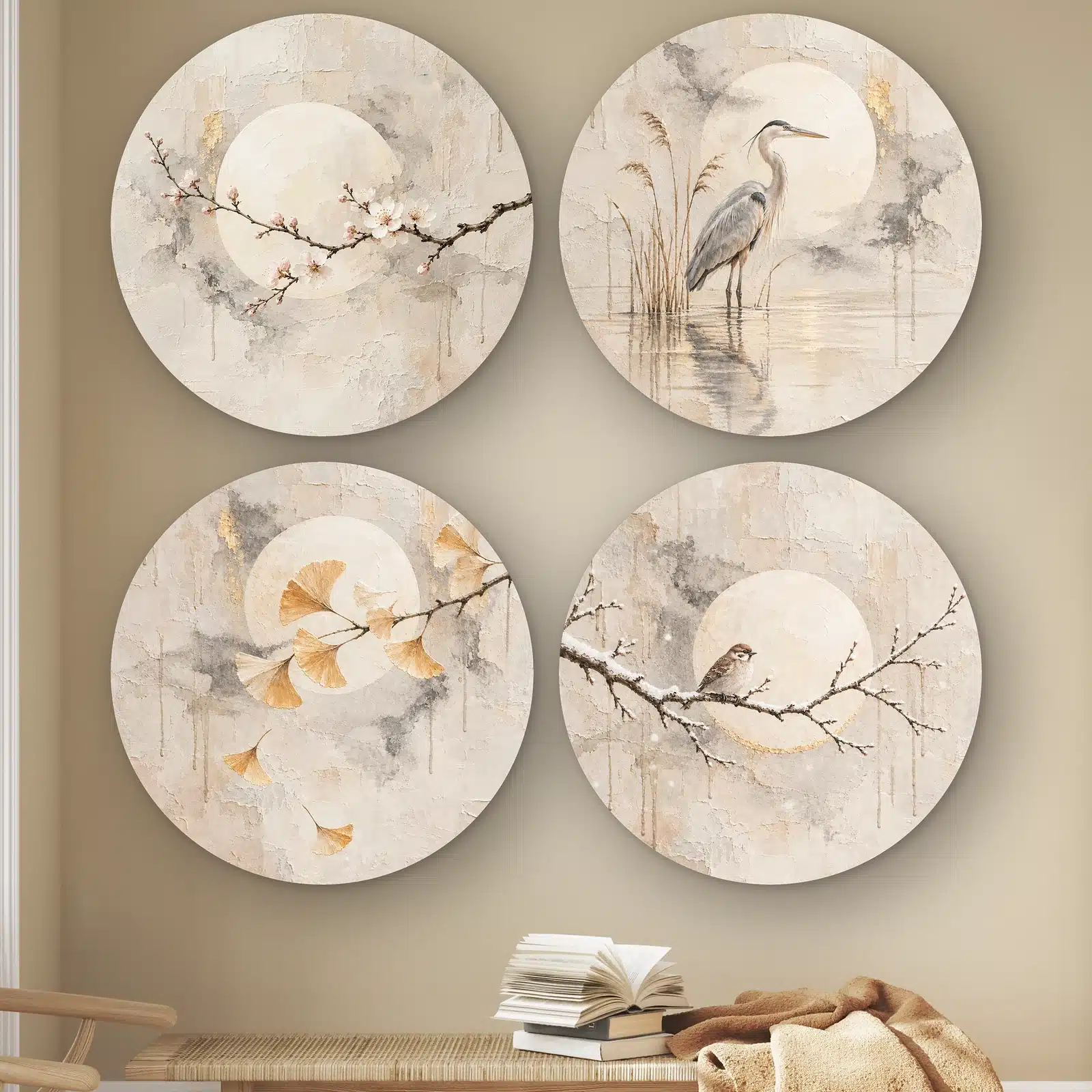 Japandi schilderij set van vier muurcirkels: vier muurcirkels met dezelfde volle maan: pruimentak, reiger, ginkgo en mus