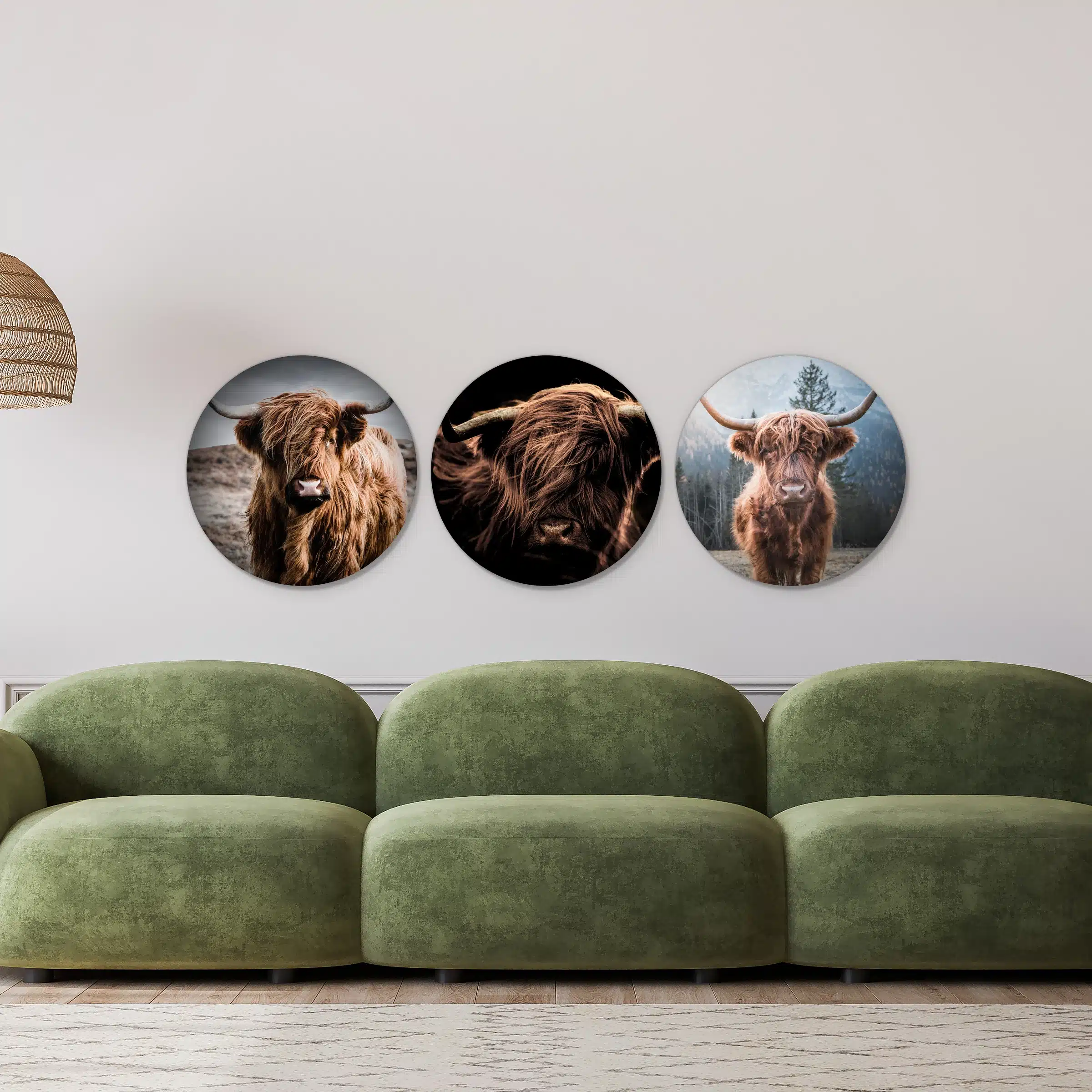 Schotse hooglander set in een lichte woonkamer boven een groene bank