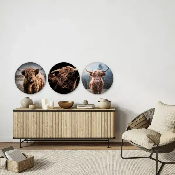 Schotse hooglander set boven een licht houten dressoir