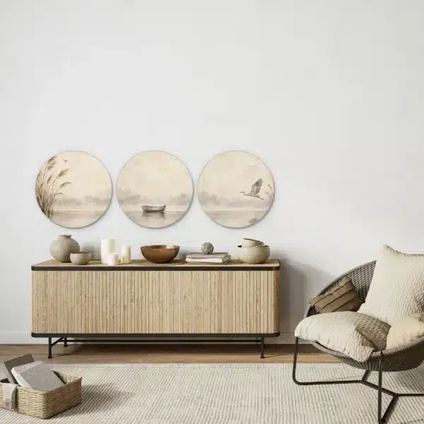 Muurcirkel set van 3 japandi boven een licht houten dressoir