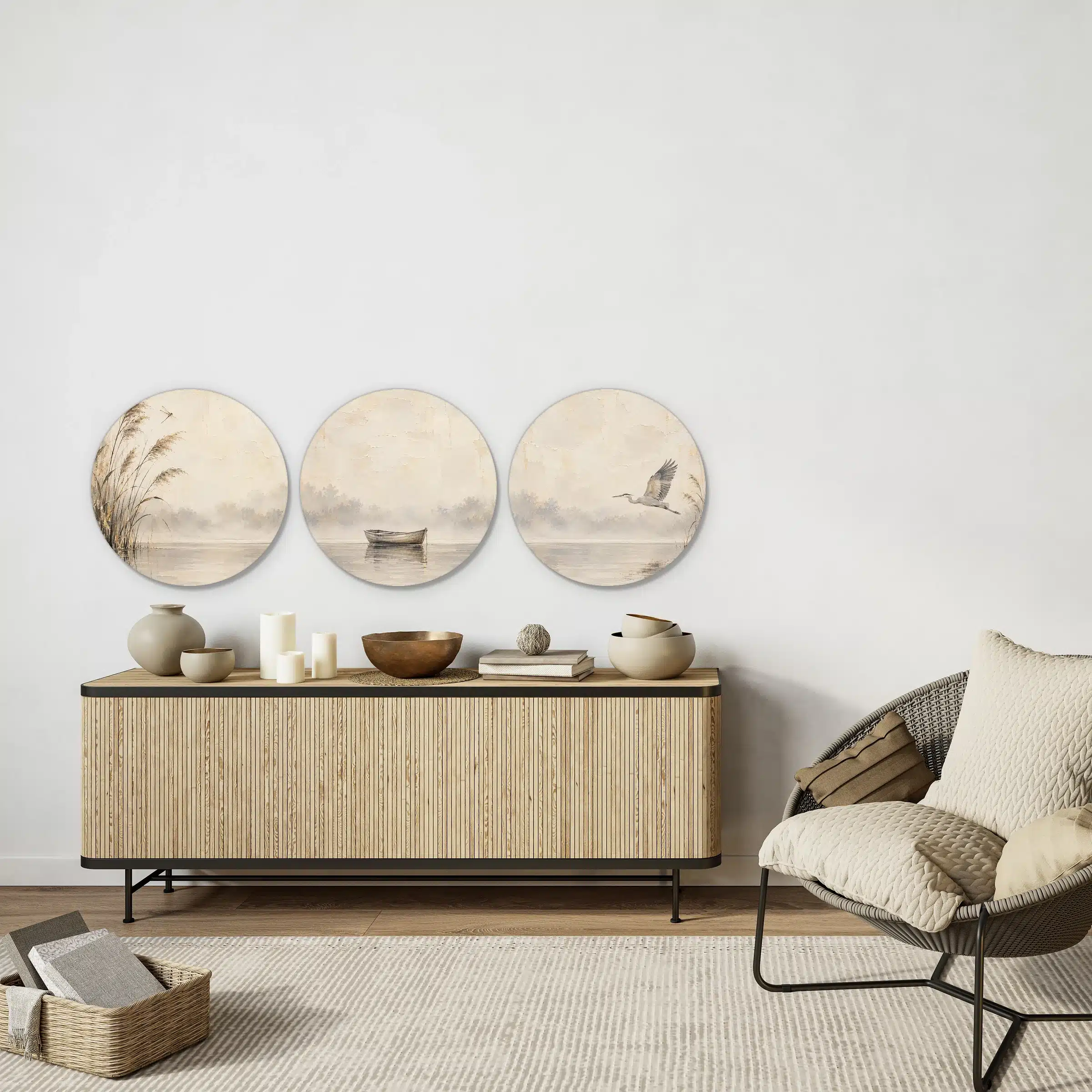Muurcirkel set van 3 japandi boven een licht houten dressoir