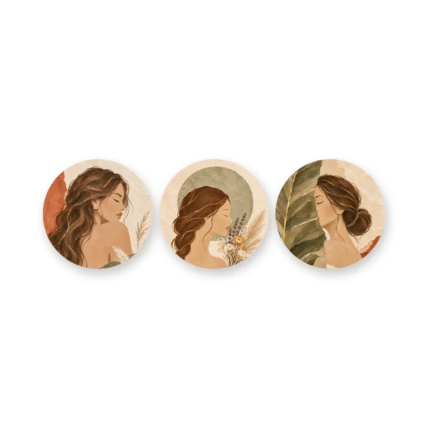 Wanddecoratie aardetinten met drie vrouwen in muurcirkels los op een witte achtergrond