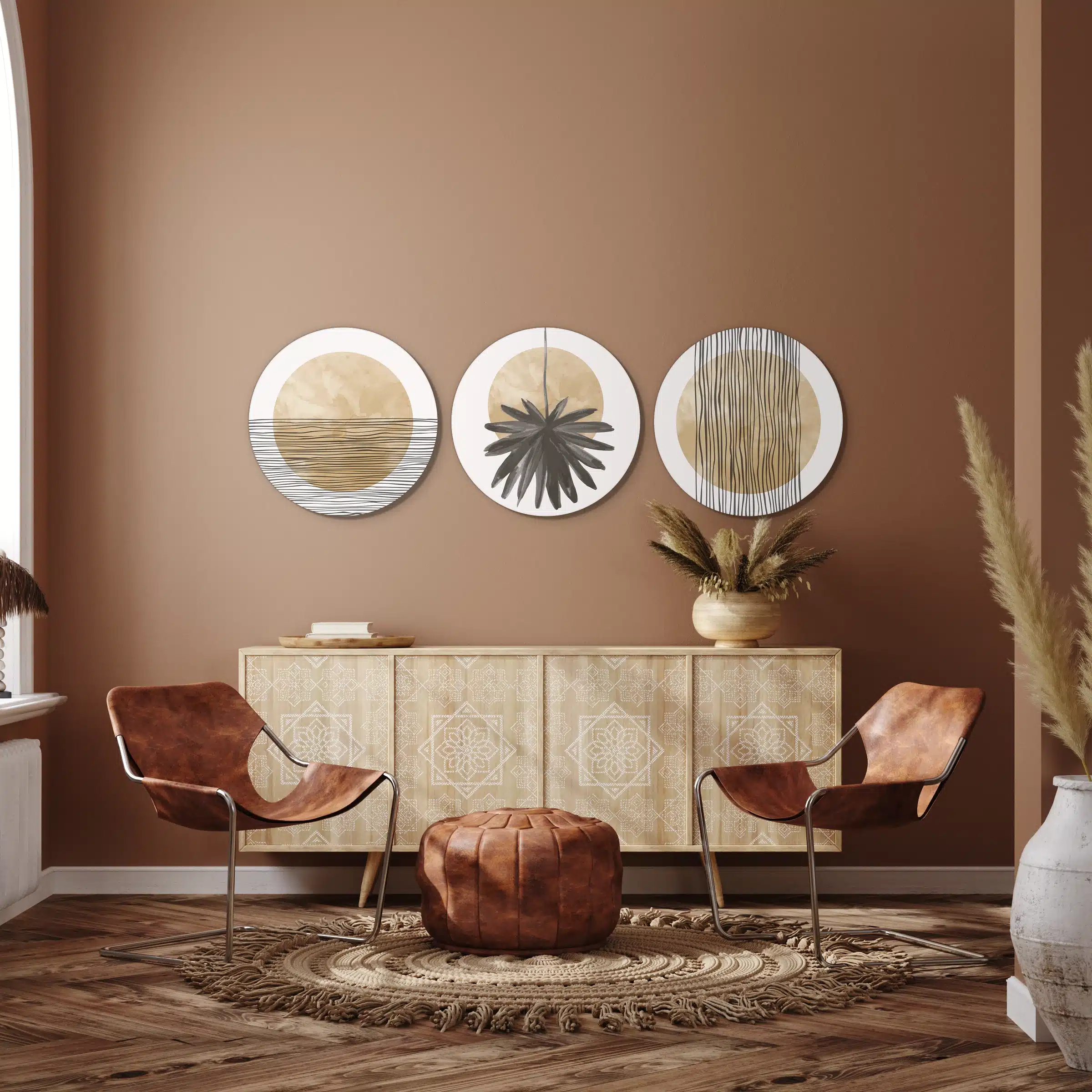 Beige muurcirkel set aan een terracotta muur boven een dressoir