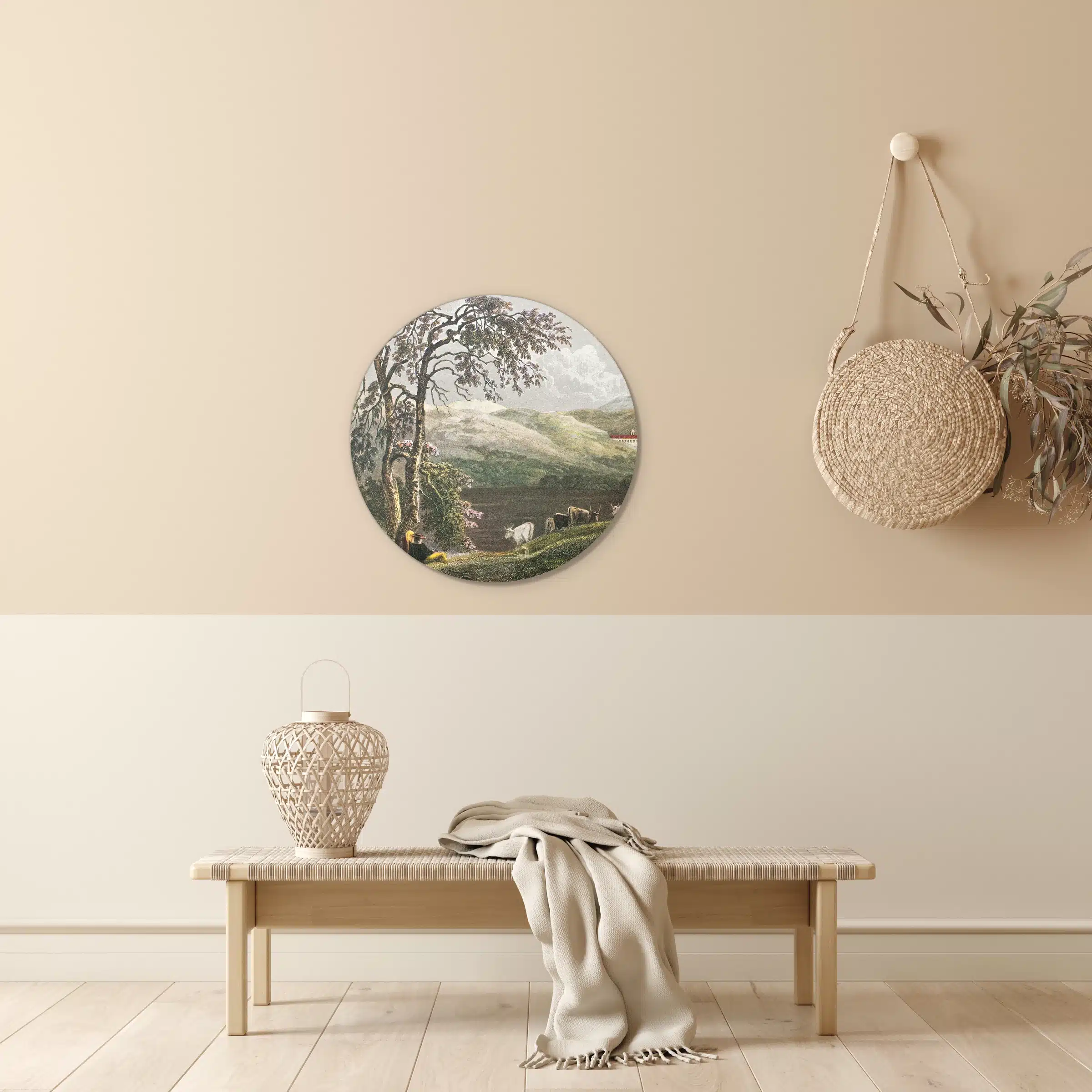 Muurcirkel Siciliaans landschap in een lichte hal boven een houten bankje