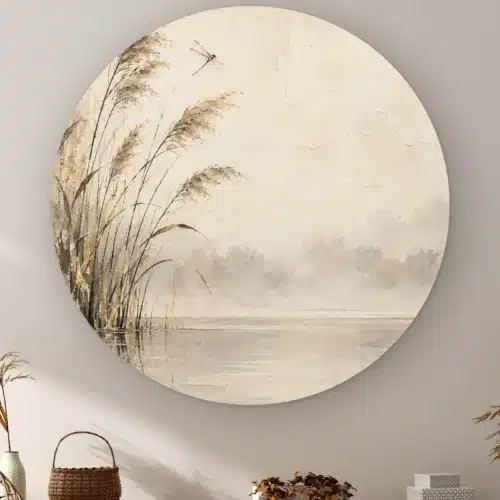 Japandi schilderij beige als muurcirkel: riet aan een stil meer in de mist met een libel in de lucht, japandi in beige