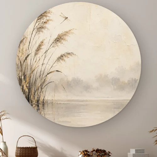 Japandi schilderij beige als muurcirkel: riet aan een stil meer in de mist met een libel in de lucht, japandi in beige