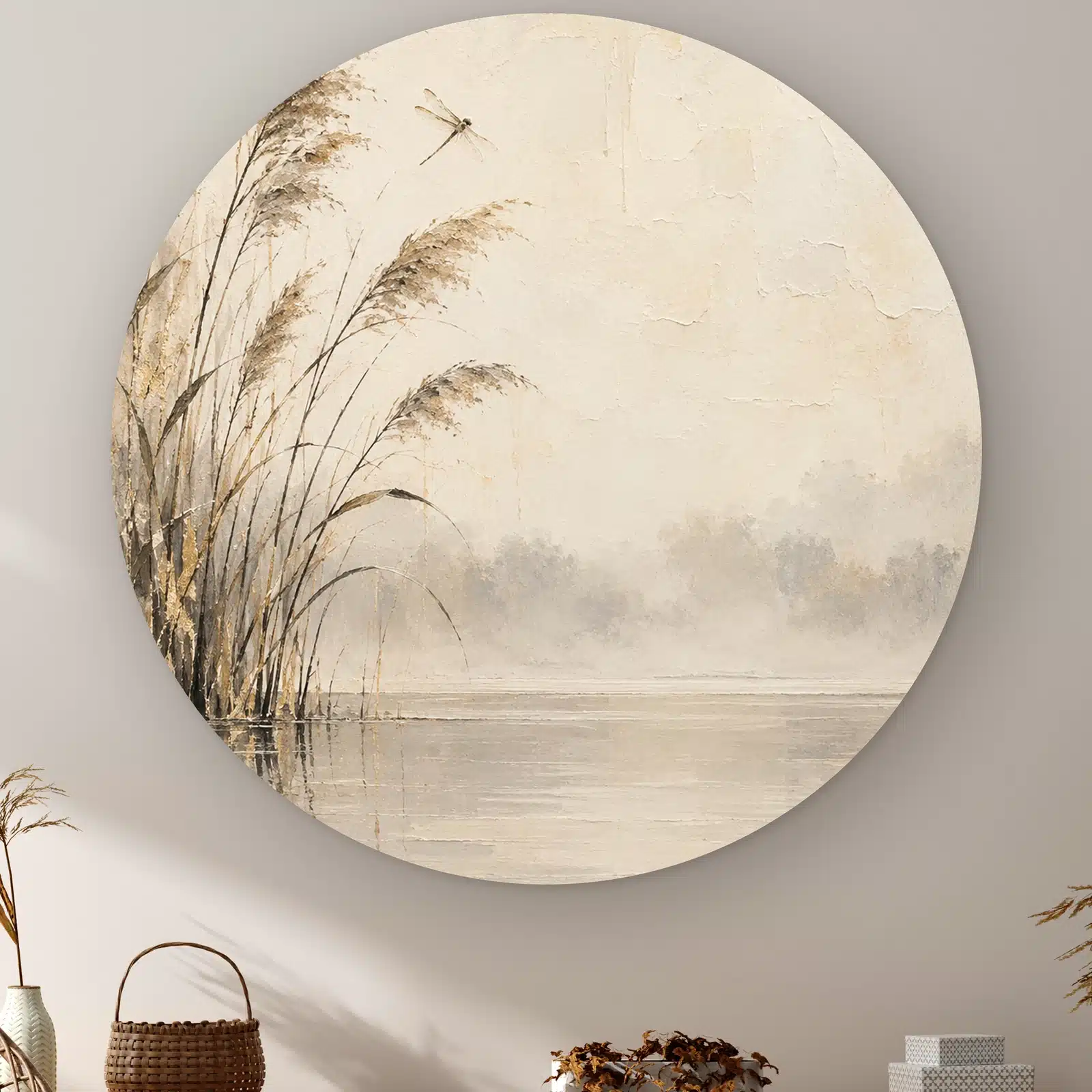 Japandi schilderij beige als muurcirkel: riet aan een stil meer in de mist met een libel in de lucht, japandi in beige